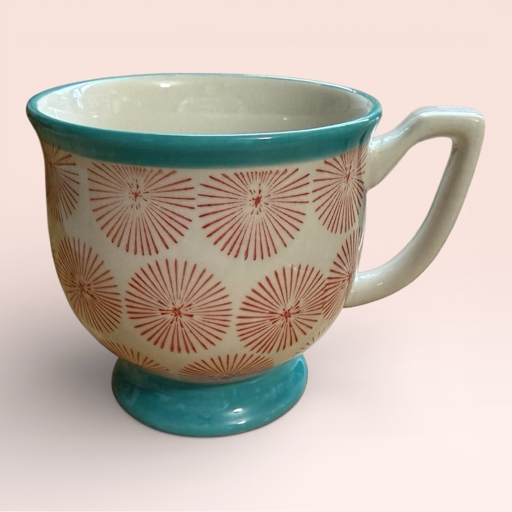 Pioneer Woman Happiness 15oz Footed Mug with a Red & Turquoise Starburst Design